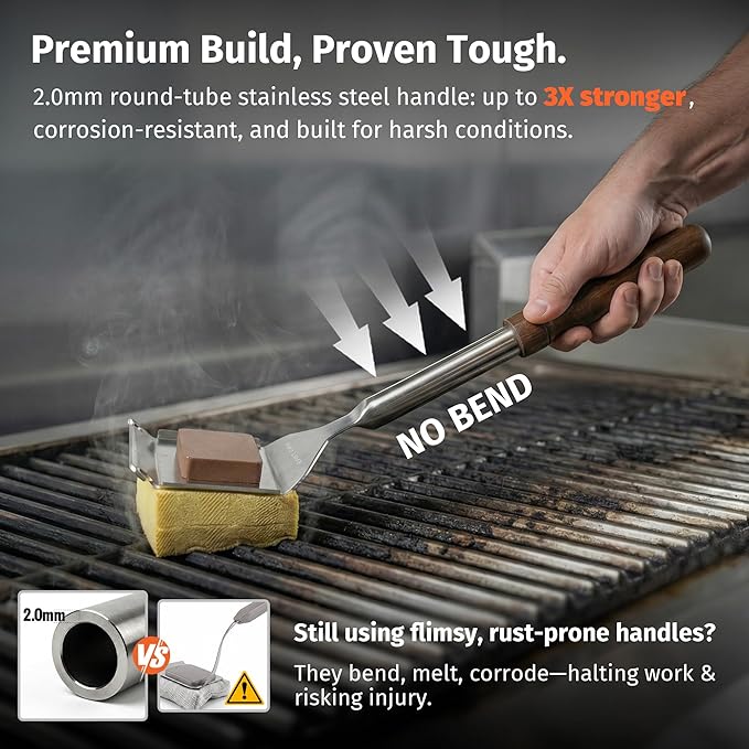 East Oak Bristle-Free Grill Brush, 2mm Thick Stainless Steel Rod, Heat-Resistant Aramid Sponge Head (900°F), Steam Cleaning Brush with Scraper, Safe for Cast Iron & Stainless Steel Grates