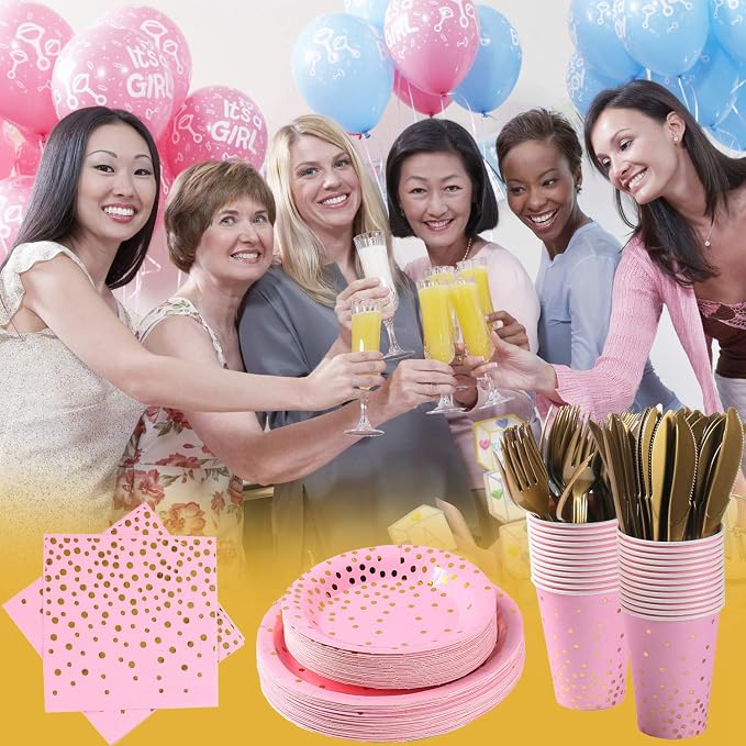 Pink and Gold Party Supplies 145PCS Golden Dot Paper Party Dinnerware Includes Paper Plates, Napkins, Knives, Forks, Cups, Banner, for Bachelorette, Girl Birthday, Baby Shower, Serves 24
