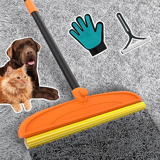 Carpet Rake for Pet Hair Removal, 5FT Reusable Pet Hair Removal Tool with Adjustable Handle, 3 in 1 Lint Remover Dog Cat Fur Remover Broom for Rugs, Mats, Beds, Stairs, Couch