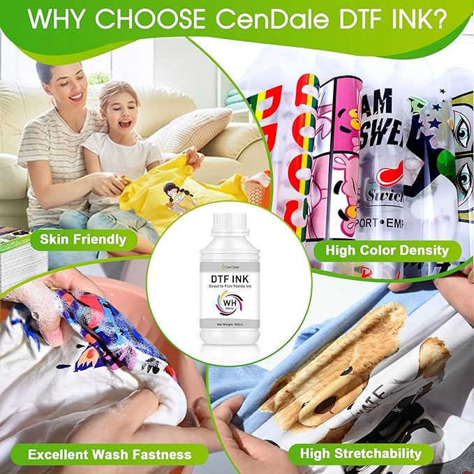 CenDale Premium DTF White Ink - No Sediment White DTF Ink for Epson ET-8550, L1800, XP15000, L800, R2400, R350, P400, P800 DTF & DTG Printers, Clog-Resistant Formula, Smooth Ink Flow(500ml)