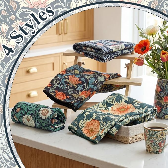 Tegeme 4 Pcs William Morris Floral Kitchen Dishcloth Retro Vintage Flowers Dish Towel 18 x 26 Inch Reusable Absorbent Towel Microfiber Decor for Bathroom Baking Cooking Cleaning Holiday Party Supplies