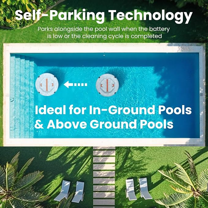 2026 Cordless Robotic Pool Cleaner - 120 Mins Automatic Pool Vacuum for Above Ground Pool & In - Ground Flat Pools up to 1000 Sq.Ft, Robot Pool Cleaner with Self - Parking Tech