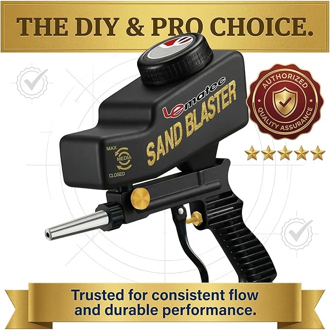 LE LEMATEC Portable Sand Blaster Gun Kit | Gravity Feed Air Tool for Rust Removal, Glass Etching & Paint Stripping | Requires 4 CFM @ 90 PSI Air Compressor - Sandblasting Steel Nozzle
