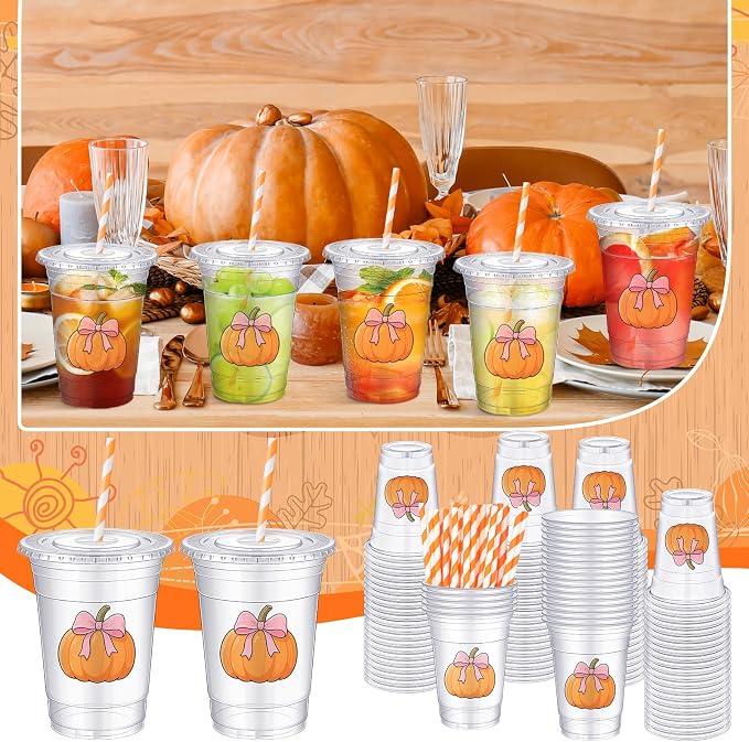 Sliner 50 Pcs 16 oz Coquette Disposable Plastic Cups with Straw for Party Supplies Bow Cups Birthday Wedding Bridal Engagement Party Drinkware Baby Shower Decoration (Pumpkin)