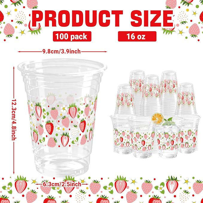 100 Pack Strawberry Plastic Cups 16 oz Pink Red Fruit Flower Disposable Cup Clear Strawberry Summer Spring Party Favor Drinking Cold Beverage Cup for Party Supplies