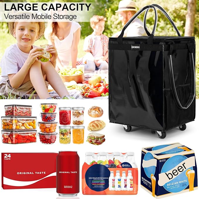 (Large,Black) Reusable Grocery Bag on Wheels, Foldable Rolling Tote, Carries Up to 76 lbs Shopping Trolley, Zipper Clouser Shopping Carts for Trips, Laundry, 5 Heavy Duty Wheels and 3 Handles