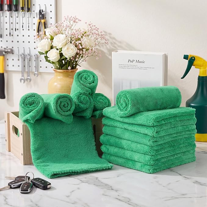 Shimeyao 30 Pcs Edgeless Microfiber Plush Towels for Cars Detailing Drying Wash Polishing Absorbent Cleaning Cloths, 500 GSM (16 x 16 Inch,Grass Green)