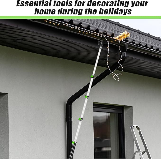 7-30 ft Telescopic Extension Pole with Utility Hook, Multi-Purpose Aluminum Pole for Painting, Dusting and New Year Window Cleaning Christmas Lights Installation Without a Ladder(Green)