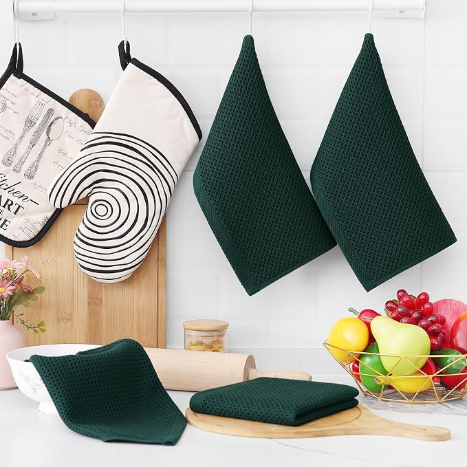 Homaxy 100% Cotton Waffle Weave Kitchen Dish Cloths, Ultra Soft Absorbent Quick Drying Dish Towels, 12 x 12 Inches, 24-Pack, Blackish Green