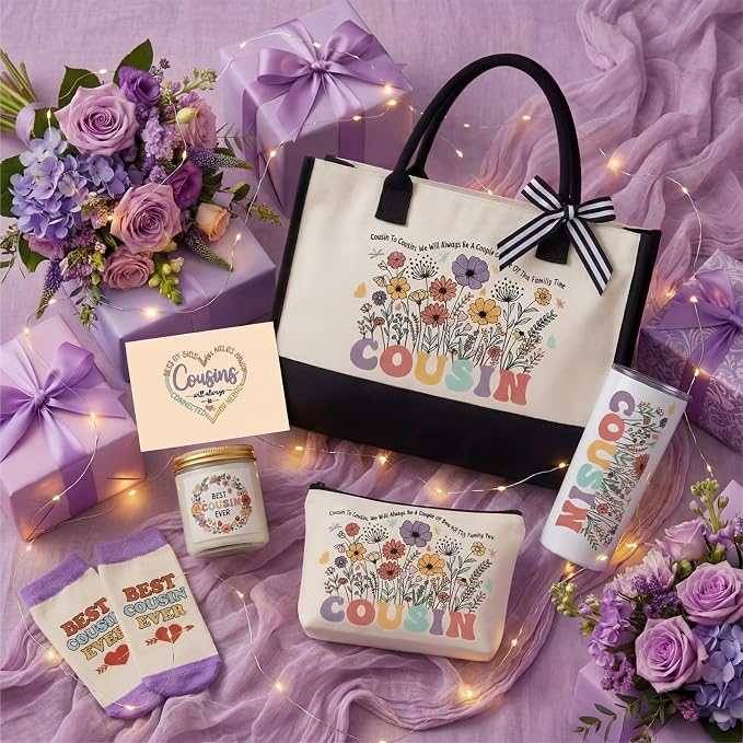 Patelai 7 Pcs Cousin Gifts for Women, Thank You Gift for Cousin with 20oz Tumbler Tote Bag Candle Socks Makeup Pouch Keychain Card for Wedding Birthday Family Appreciation