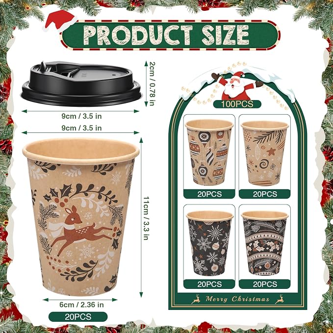 FoldTier 100 Pcs 12 oz Christmas Paper Cups with Lids Xmas Disposable Coffee Cups Holiday Kraft Paper Drinking Xmas Party Drinkware Supplies for Holiday Cocoa Beverage Cold Hot Drinks (Classic 4)