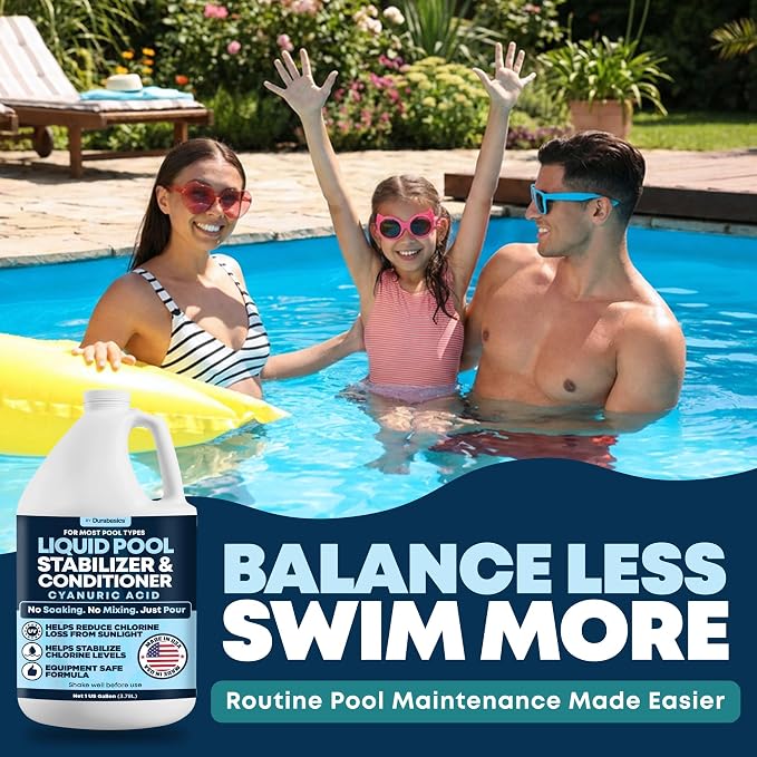 Durabasics Liquid Pool Stabilizer & Conditioner, Cyanuric Acid Pool Stabilizer for Salt Pools & Chlorine Pools, Helps Reduce Chlorine Loss from Sunlight, Easy-Pour Formula, 1 Gallon