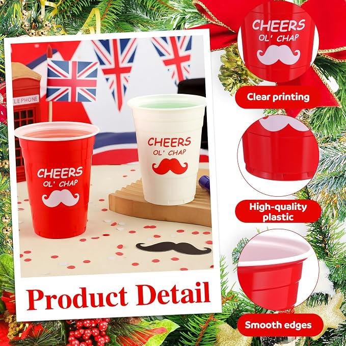 Qinyoung 50 Pcs British Party Disposable Cups Plastic 16 oz Red & White Drinking Cups for Beverage Beer Coffee British Theme Birthday Party Supplies Decorations