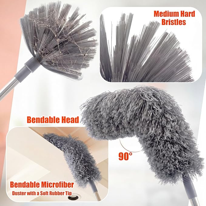 30 Feet High Reach Duster Kit with 2-24 ft Extension Pole High Ceiling Dusting and Window Cleaning Kit with Window Washer & Squeegee, Cobweb Duster, Washable Head for Ceiling Fan (Gray)