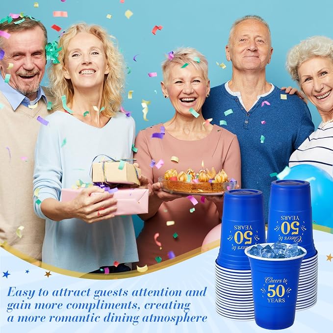Ziliny 50 Pack 50th Birthday Cups 16 oz Cheers to 50 Years Disposable Plastic Cups Gold and Blue Birthday Party Hot Cold Drinks Tool for Party Wedding Anniversary Supplies Decorations