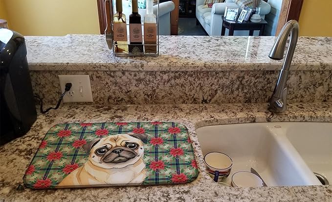 Caroline's Treasures Fawn Pug Christmas PoinsettIas Dish Drying Mat Absorbent Dish Drying Mat Pad for Kitchen Counter Dish Drainer Mat for Countertop, 14 x 21", Multicolor