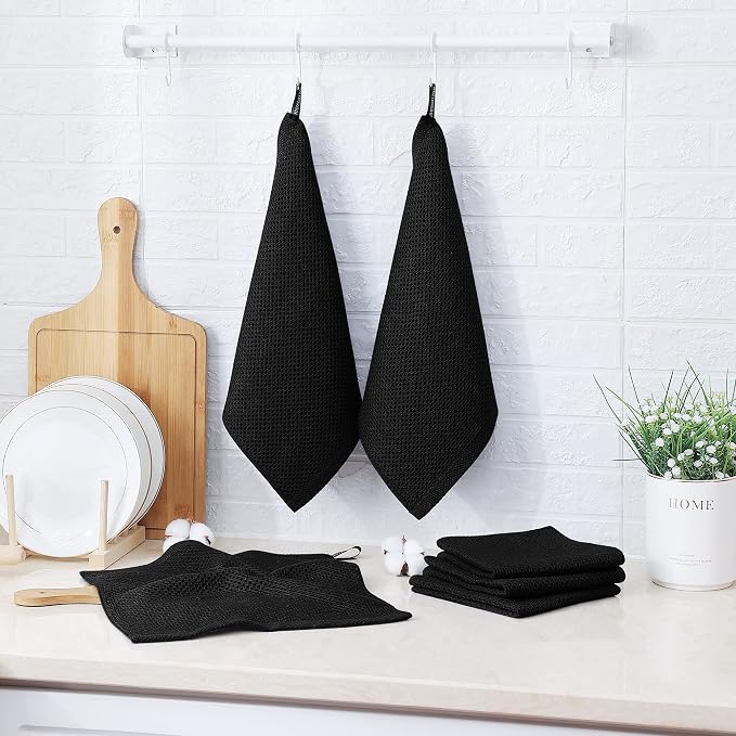 Kitinjoy 100% Cotton Kitchen Dish Cloths (12 X 12 Inches, Black), 6 Pack Waffle Weave Ultra Soft Absorbent Dish Towels for Drying Dishes Quick Drying Kitchen Towels Dish Rags