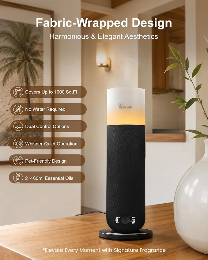 Hotel Collection Diffuser Machine,Fabric-Wrapped Design,Candlelight Atmosphere Lamp,1000 Sq Ft,Waterless Essential Oil Diffuser,Scent Air Machine for Home,Includes 2 x 60ml (2 oz) Oils - Black