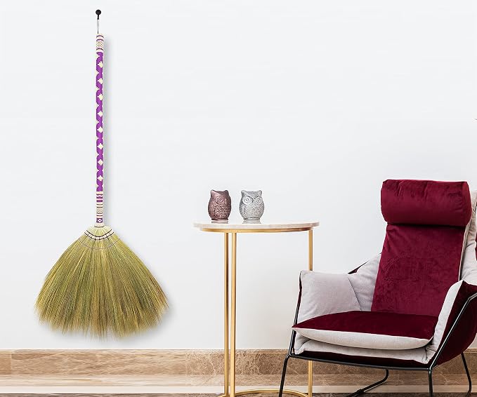 Asian Broom Whisk Broom Thai Natural Grass Broom Solid Wood Handle,Witch Broom, Broom for Floor Cleaning,House, Kitchen, Office (Purple) 40 Inch Asian Straw Broom for Wedding Jumping