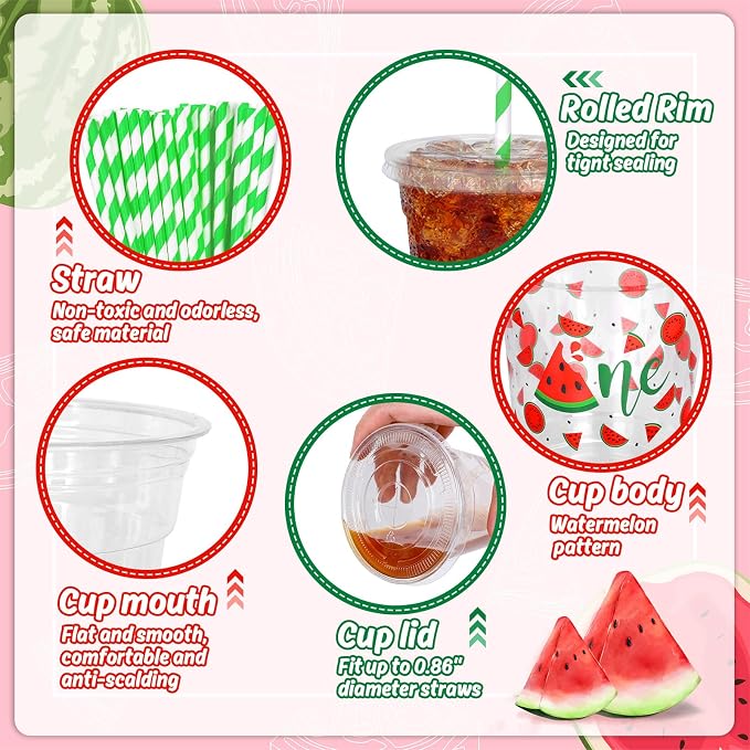Whaline 50Pcs Watermelon Disposable Plastic Cups with Lids and Straws 12Oz Summer Fruit Cold Beverage Drinking Cups for First Birthday Baby Shower Party Supplies