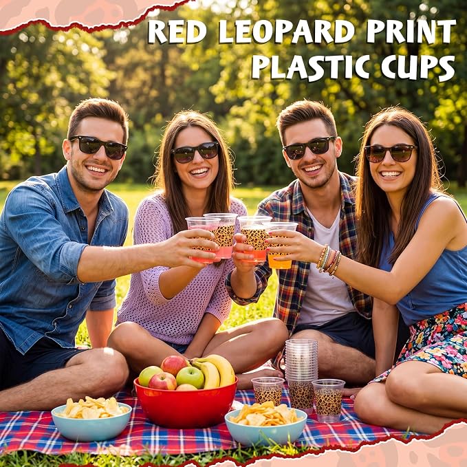 Qinyoung 50 Pcs Red Leopard Print Plastic Cups Cheetah Animal 12oz Disposable Cups Bulk Drinking Cup for Cold Drinks Baby Shower Wedding Birthday Animal Cheetah Print Party Supplies