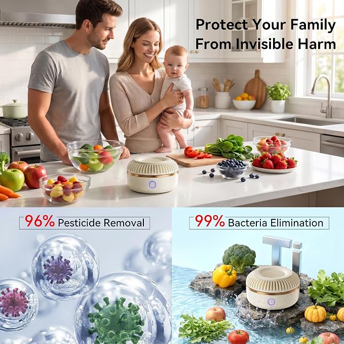 Titanium Electrolysis Vegetable Cleaner, Cordless Fruit Washing Machine with Intermittent Vortex Tech, IPX7 Waterproof Food Purifier for Deep Cleaning