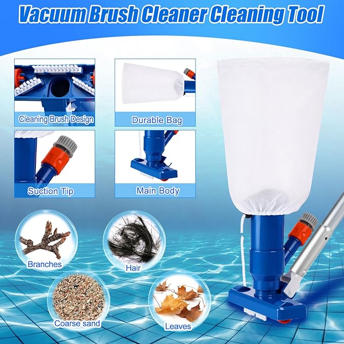 Potchen 6 Pcs Pool Cleaning Kit Include Vacuum Head, Skimmer Net, Brush Head, Telescoping Pole, Pool Chlorine Floater, and Test Strips for Above Ground Pools Hot Tubs Maintenance Tools(Spa Jet Vac)