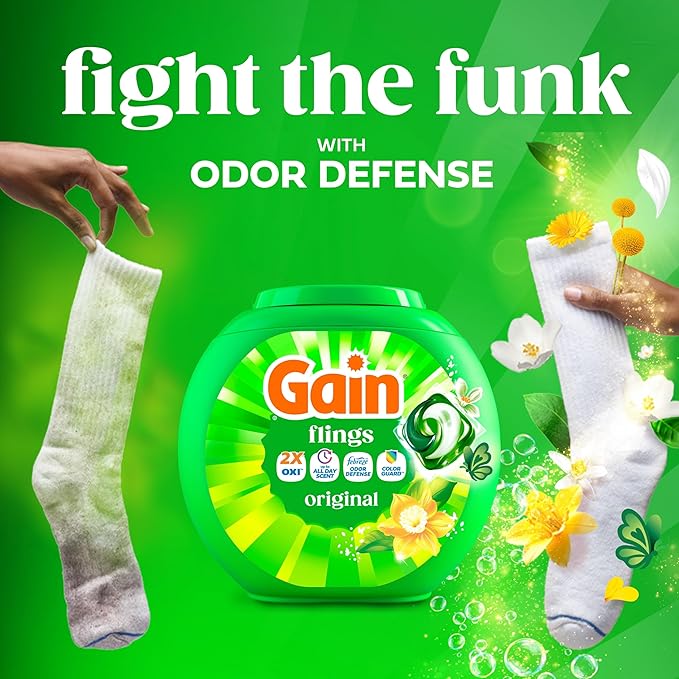 Gain Flings Liquid Washing Detergent Pods, Now with Odor Defense + Color Guard, Original Scent, 4-In-1 Liquid Laundry Detergent Pacs, Clean & Fresh, 112 Count (Packaging May Vary)