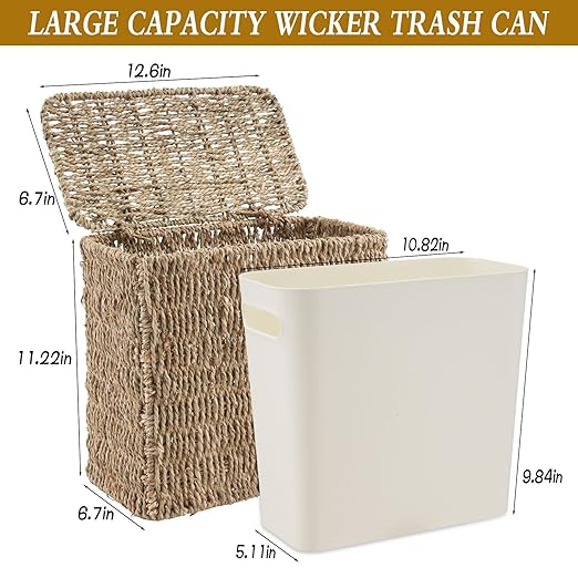 Wicker Trash Can with Lid and Liner, Bathroom Trash Can with Lid, Natural Water Hyacinth Wicker Waste Basket, Boho Rattan Garbage Wastebasket for Bedroom Living Room Office Kitchen