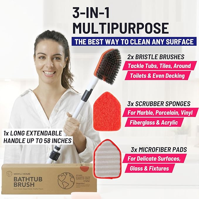 Moku Home Shower Scrubber 3 in 1 Extendable Long Handle 58" Cleaning Brush Bundle Value Pack - Non Scratch Shower Brush for Cleaning Bathroom Kitchen Toilet Wall Tub Tile Sink with 8 Refills (Red)