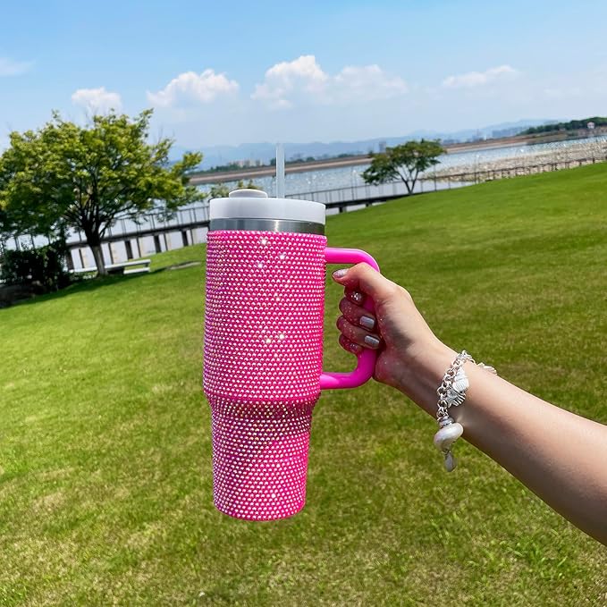 40oz Bling Tumbler with Handle and Straw Lid Rhinestone Studded Tumbler Cups Vacuum Insulated Stainless Steel Double Wall Water Bottle Travel Mug Gifts for Women Her (Hot Pink)