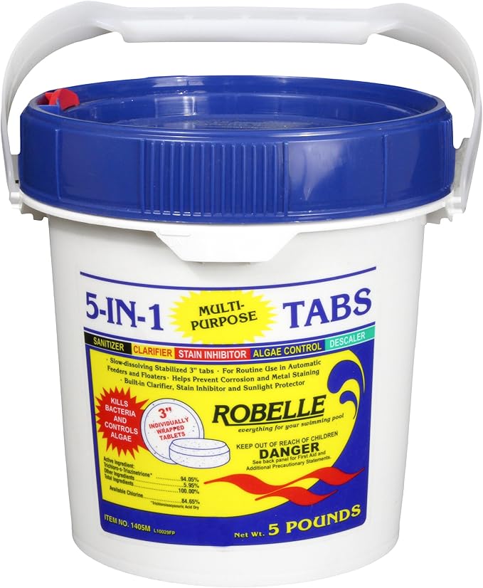 Robelle 5-Pounds Premium 5-In-1 Multi-Purpose Tabs, Chlorine Tablets 3 Inch, Sanitizer, Clarifier, Stain Inhibitor, Algae Control, Descaler, Sunlight Protector All In One, Made In USA