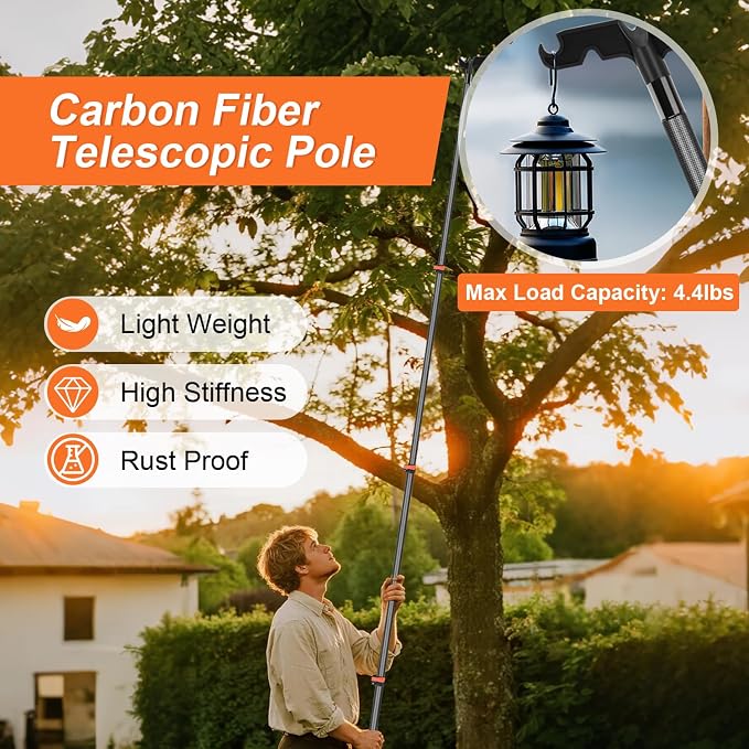 4.7-24 FT Carbon Fiber Telescopic Extension Pole with Utility Hook, Paint Roller Pole, Lightweight & Sturdy Extendable Pole for Painting, Dusting, Window Cleaning & Christmas Lights Hanging