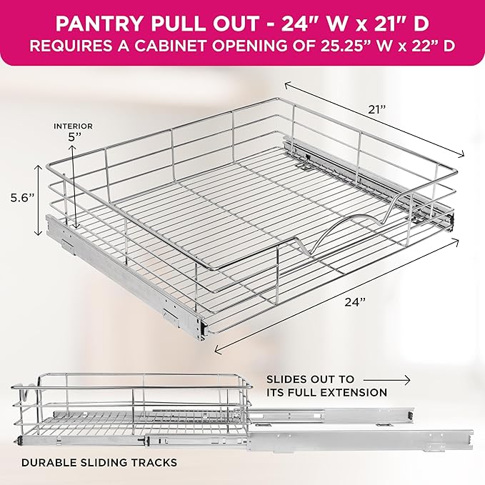 HOLDN’ STORAGE Pull Out Cabinet Organizer, Slide Out Drawer for Kitchen Cabinets & Pantry, Roll Out Shelf for Pots, Pans & Under Sink Storage, Heavy-Duty Full-Extension, 24"W x 21"D x 5"H