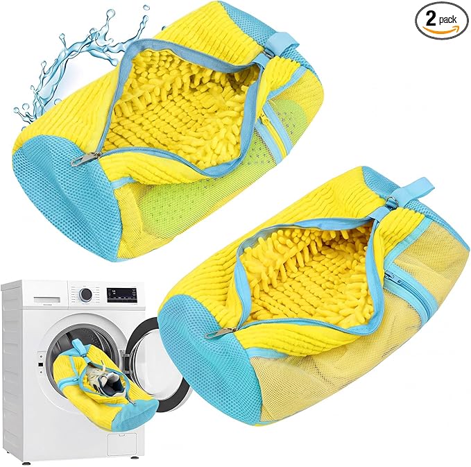 Shoe Washing Machine Bag, 2 Pack Shoe Cleaning Bag for Washer and Dryer, 360° Deep Cleaning Reusable Shoes Laundry Bags for Sneakers with Zipper Protection and Side Mesh Pouch, Yellow