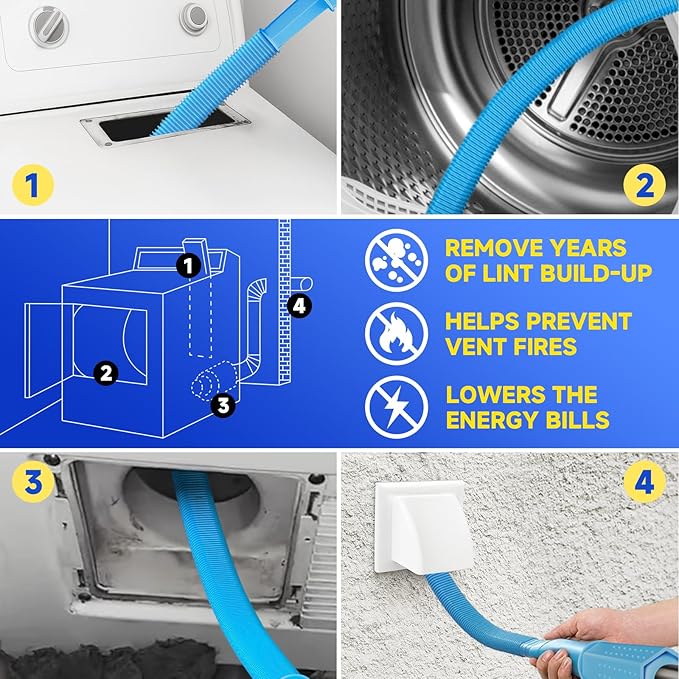 Dryer Vent Cleaner Kit - Flexible Dryer Lint Vacuum Hose Attachment - Lint Remover Compatible with All Vacuum Cleaner Laundry Room (Blue)
