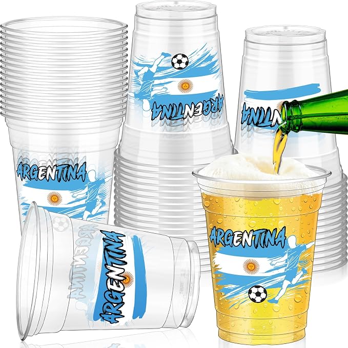 Jingmore 50 Pcs Soccer Plastic Cups 12 oz International Countries Soccer Disposable Plastic Cups Thick Clear Drinkware for Sports Games Party Supplies (Argentina)