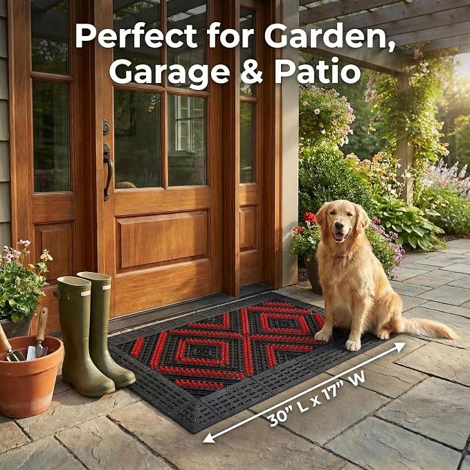 Heavy Duty Outdoor Boot Scraper Mat, 29.5" x 17.5" | Mud & Snow Doormat with Stiff Nylon Bristles, Modular Interlocking Shoe Cleaner for Garden 1.37" Thick