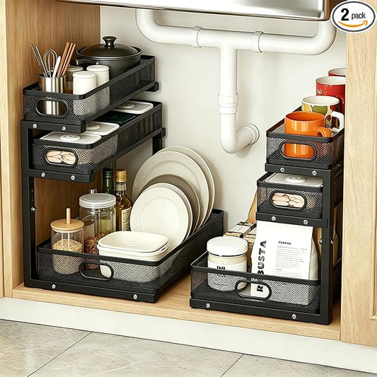 2 Pack Under Sink Organizer, 3-Tier Pull Out Kitchen Cabinet Organizer, Height Adjustable Metal Slide Out Bathroom Storage Makeup Drawer Rack for Bedroom Office Laundry Pantry Home Organization, Black