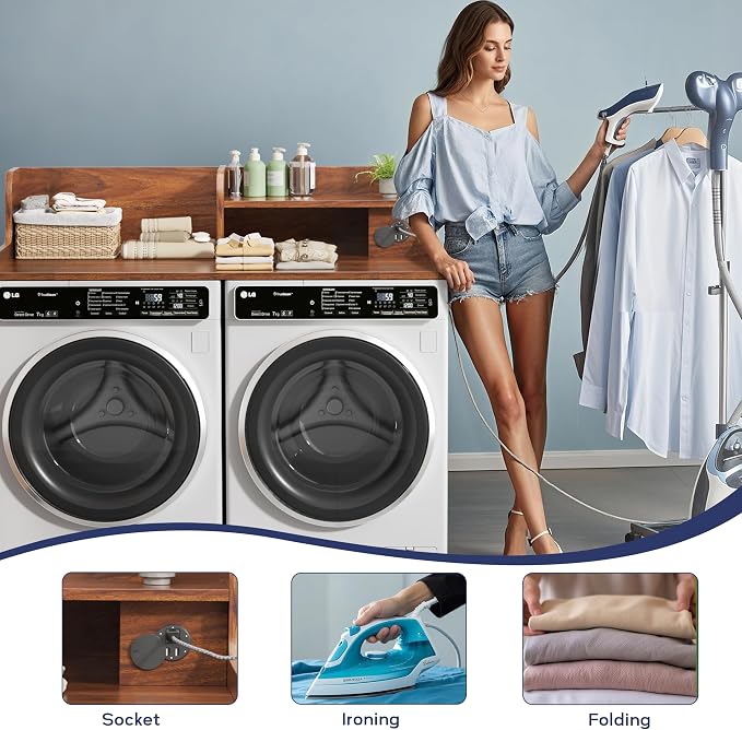 DTK Washer Dryer Countertop with Charging Station, 2 Tier Laundry Countertop with Anti-Slip Strips, 27.55" Depth x 54" Width, Wood Dryer Cover with Shelf, Walnut