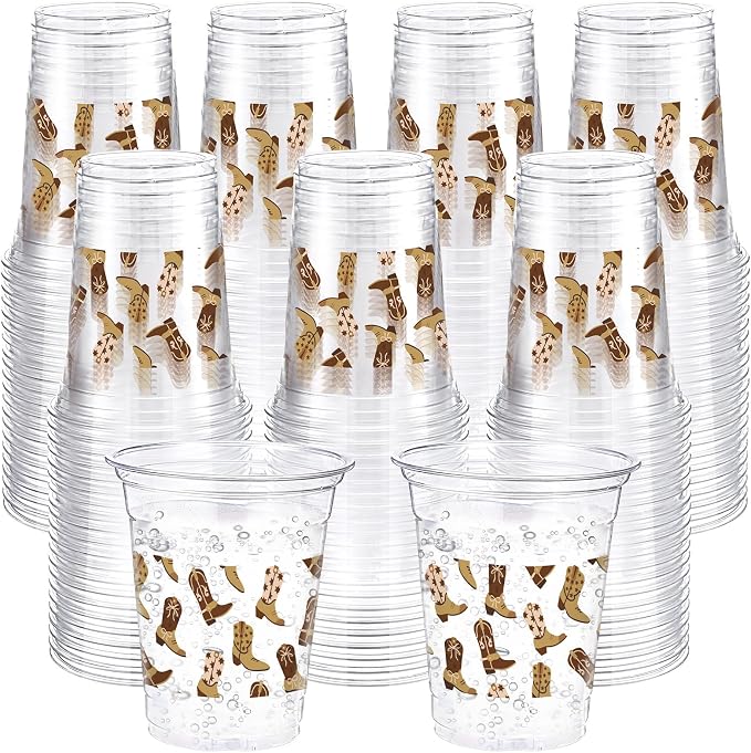 Jingmore 100 Pcs Western Plastic Cups 12 oz Clear Disposable Plastic Cowboy Cowgirl Drinking Cups Bulk for Boho Preppy Baby Shower Birthday Wild West Party Decoration Supplies(Cowboy Shoes,Brown)