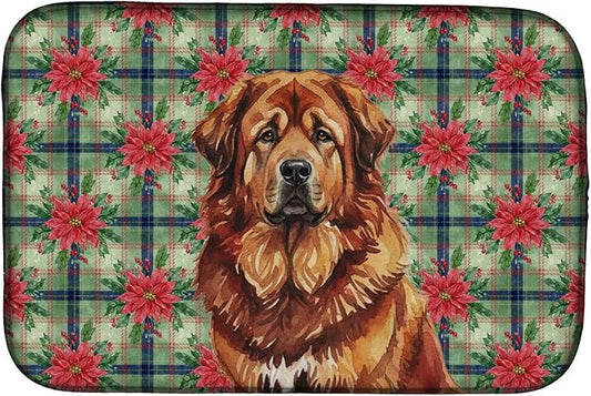 Caroline's Treasures Red Gold Tibetan Mastiff Christmas PoinsettIas Dish Drying Mat Absorbent Dish Drying Mat Pad for Kitchen Counter Dish Drainer Mat for Countertop, 14 x 21", Multicolor
