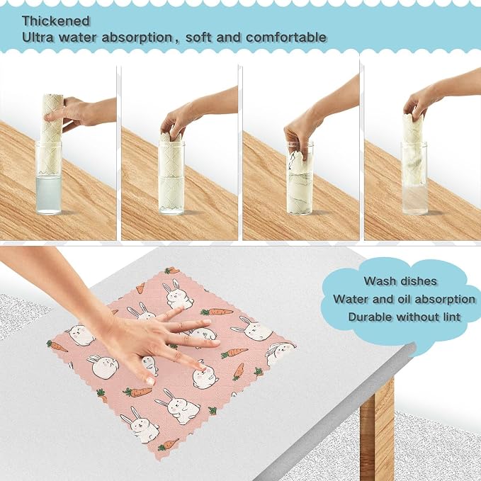 Pink Rabbit and Carrots Kitchen Towels Dish Cloths Set of 6 Microfiber Cleaning Cloths for Cars Super Absorbent Machine