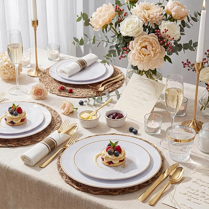 KIRE 350 PCS White and Gold Plates Disposable - Elegant Dinnerware Set of 50 Guest, White Plastic Plates With Gold Rim, Pre Rolled Napkins with Silverware & Cups for Party/Wedding