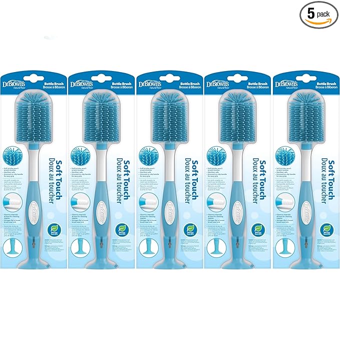 Dr. Brown's Soft Touch No Scratch Baby Bottle Cleaning Brush Nipple Cleaner with Stand and Storage Clip, BPA Free, Blue 1-Pack (Pack of 5)