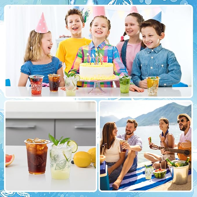 100Pcs Ocean Plastic Party Cups, 12oz Sea Party Disposable Clear Cups for Ocean Parties, Birthday, Summer, Sea Drinking Cups, Under the Sea Party Favors (2 Styles)