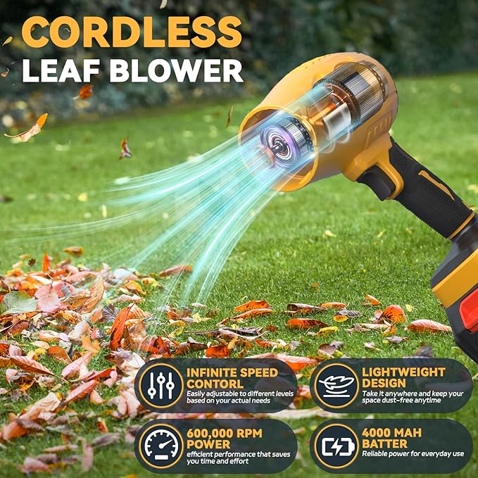 600000 RPM Lightweight Handheld Cordless Leaf Blower, Includes 2×4.0Ah Batteries, Charger, 3 Nozzles, Powerful Blowers Air Turbo Jet, with Earplugs, for Yard Cleaning, Lawn Care, Leaves & Dust