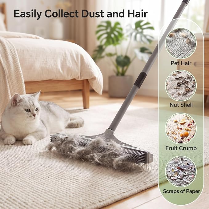 Walensee Carpet Rake for Pet Hair Removal, 2 in 1 Rug Rake to Fluff Carpet with Nylon Groomer Brush, Adjustable Long Handle for Shag Rugs, Stairs, Mats and Floors, Rubber Broom
