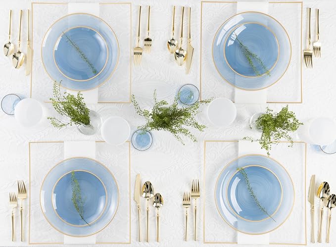 PLASTICPRO 32 Pieces Crystal Design Plastic Plates Combo Pack 7 inch and 10 inch Gold Rim Elegant Disposable Plates, Transparent Blue