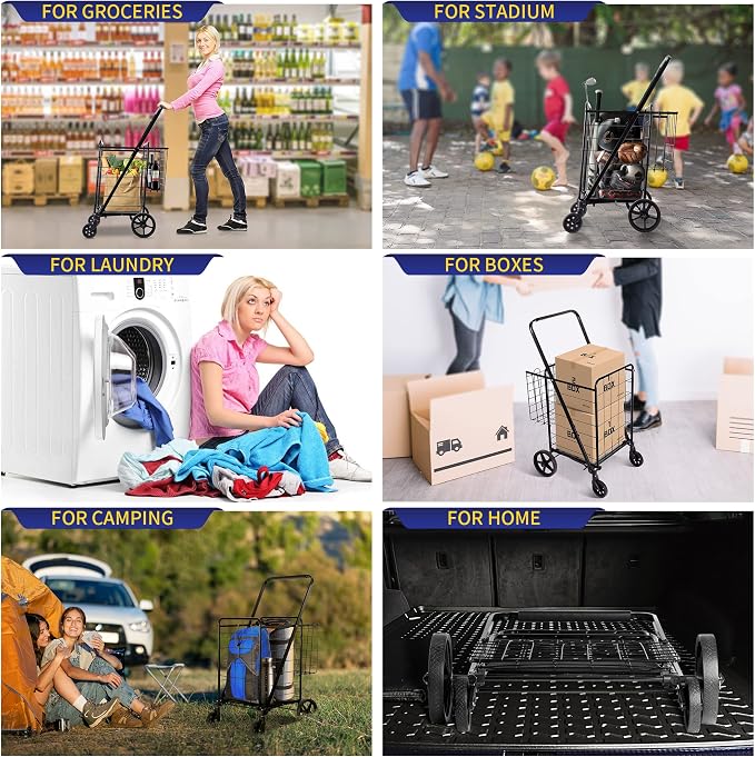 BIEAMA Folding Shopping Cart, 340 Lb Capacity Grocery Cart, Large Size | Heavy Duty Utility Cart with 360 Rolling Swivel Wheels, Extra Basket